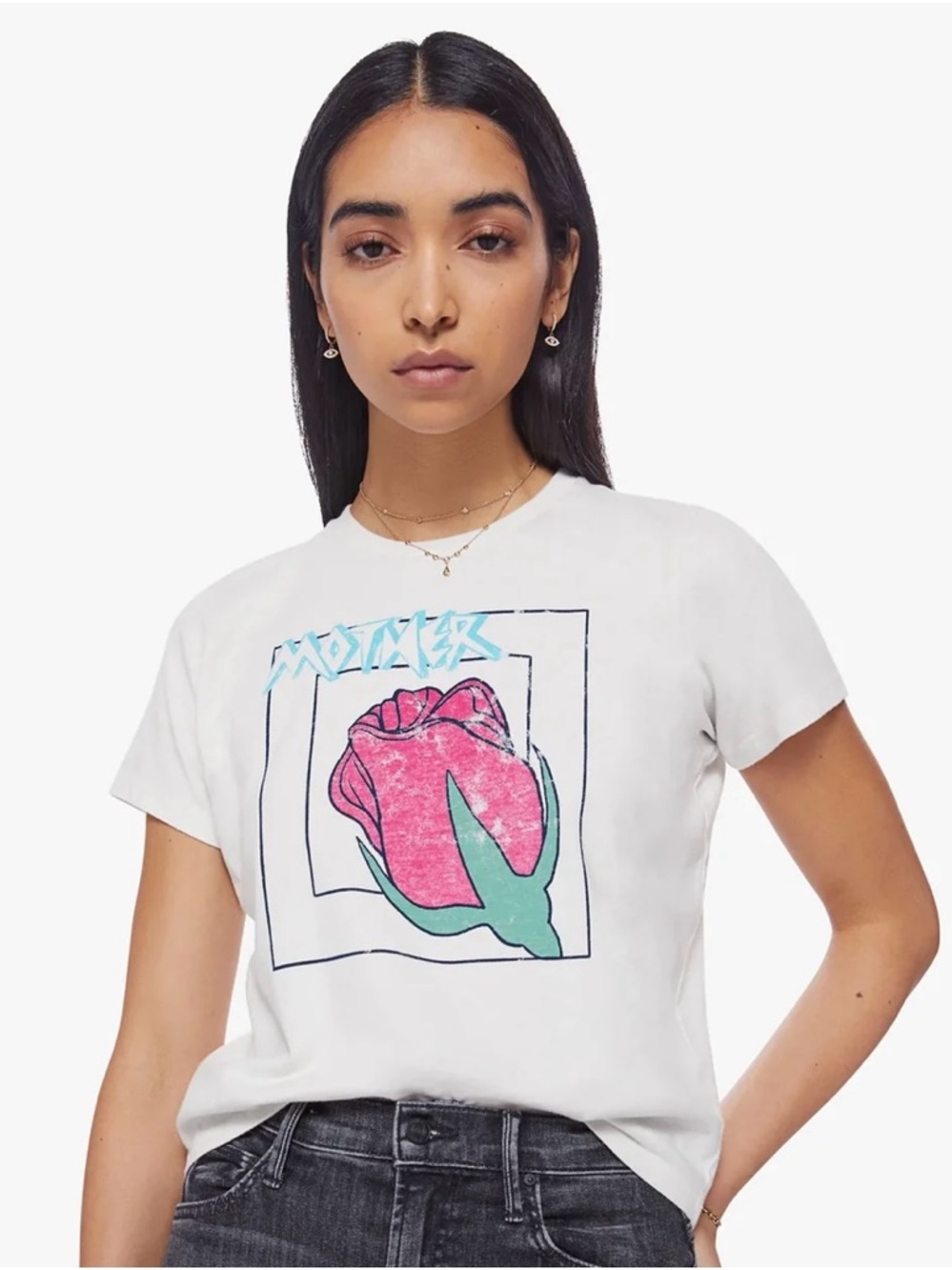 MOTHER White Tee with Pink and Teal Rose Graphic